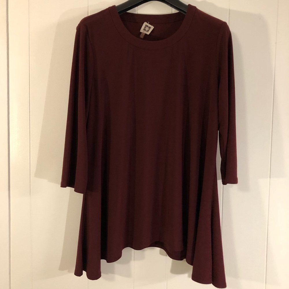 Anne Klein Burgundy Tunic Blouse 3/4 Sleeve OX